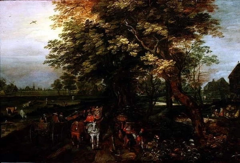 Paesaggio boscoso con contadini